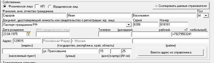 Заполнение полиса ОСАГО на компьютере (внесение данных о собственнике авто)