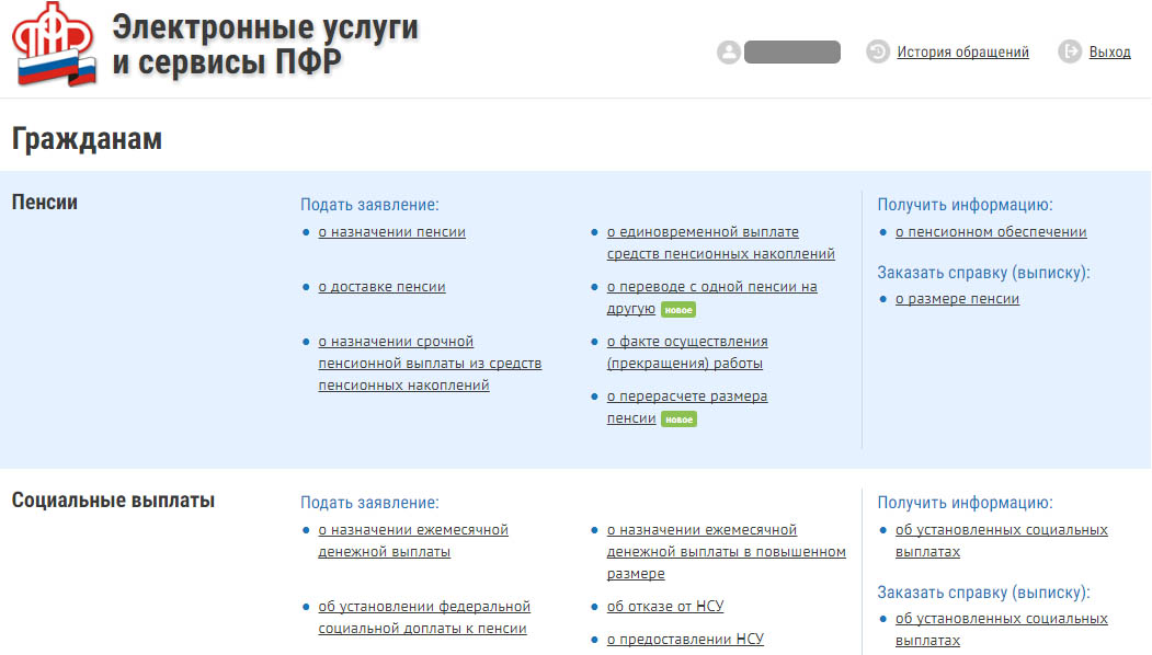 Интерфейс личного кабинета ПФР